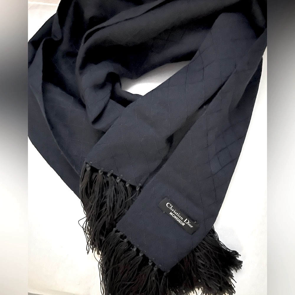 Christian Dior Logo Vintage Monsieur Navy Fringe Scarf Unisex With Dior Box - Picture 2 of 8